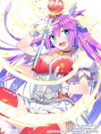  1girl :d blue_eyes bow breasts choker cleavage donacoo hair_bow hair_ribbon holding long_hair looking_at_viewer official_art open_mouth original purple_hair ribbon simple_background smile solo wand white_background 