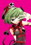  1girl ;d arms_behind_back green_hair hair_ornament highres horns looking_at_viewer naitou_ryuu one_eye_closed open_mouth original pose red_eyes short_hair simple_background skull_hair_ornament smile solo tail 