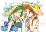  2girls ahoge bag flower green_hair hat hat_flower hibino_hibiki katsuragi_chikagi kon_manatsu long_hair midriff multiple_girls orange_eyes orange_hair short_hair sun_hat twintails type-moon 