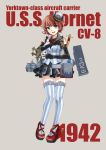  1girl airplane b-25 black_gloves blue_eyes bowtie breasts character_name elbow_gloves freckles gloves hat highres knife large_breasts open_mouth original red_shoes redhead shoes short_hair skirt sleeveless smile solo striped striped_legwear thigh-highs throwing_knife us_navy uss_hornet_(cv-8) vertical-striped_legwear vertical_stripes vest wavy_hair weapon yumi_amin 