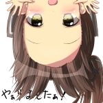  1girl ayanami_(kantai_collection) blush brown_eyes brown_hair forehead highres kantai_collection long_hair looking_at_viewer open_mouth pentagon_(railgun_ky1206) side_ponytail solo translated upside-down 