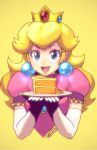  1girl blonde_hair blue_eyes cake crown dress earrings elbow_gloves food gloves highres jewelry long_hair open_mouth plate princess_peach puffy_short_sleeves puffy_sleeves robert_porter short_sleeves smile solo super_mario_bros. 