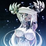  1girl armpits arms_up bare_shoulders blush breasts claws covering_mouth detached_sleeves dress highres horn kantai_collection large_breasts long_hair looking_at_viewer pale_skin red_eyes ribbed_dress sakuya_tsuitachi seaport_hime shinkaisei-kan short_dress solo very_long_hair white_hair 