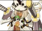  1girl belt_buckle beltbra breasts cape cleavage colored_eyelashes creature dai_(touhou_handdrawn) dark_skin familiar guilty_gear guilty_gear_xrd hat letterboxed light_brown_hair long_hair looking_at_viewer orange_eyes ramlethal_valentine sharp_teeth simple_background solo sword under_boob weapon white_background 