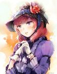  1girl alternate_costume bunny_shake dress gloves hands_together light_smile long_sleeves looking_at_viewer love_live!_school_idol_project nishikino_maki puffy_long_sleeves puffy_sleeves purple_dress redhead removing_glove short_hair tareme victorian violet_eyes white_gloves 