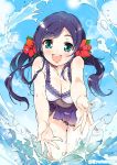  1girl :d aqua_eyes bent_over bikini breasts cleavage flower frilled_bikini frills hair_flower hair_ornament highres looking_at_viewer love_live!_school_idol_project naitou_ryuu navel open_mouth purple_hair smile solo sparkle swimsuit toujou_nozomi twintails twitter_username 