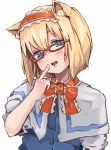  1girl alice_margatroid animal_ears bespectacled blonde_hair blue_eyes blush blush_stickers book capelet card cat_ears dress finger_to_mouth freckles glasses hairband highres kemonomimi_mode looking_at_viewer nattsuhan open_mouth pointing pointing_at_self red-framed_glasses ribbon rimless_glasses short_hair simple_background smile solo touhou white_background 