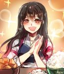  1girl akagi_(kantai_collection) bowl brown_eyes brown_hair drooling food hands_together japanese_clothes kai_ri kantai_collection long_hair muneate open_mouth rice_bowl solo sparkle twitter_username 