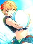  1girl ball beachball belt bikini blush chado clouds flower grin hair_flower hair_ornament hair_ribbon hoshizora_rin looking_at_viewer love_live!_school_idol_project midriff navel one_eye_closed open_fly open_mouth orange_hair outstretched_arms ribbon short_hair shorts sky smile solo swimsuit tied_shirt unbuckled_belt unzipped yellow_eyes 
