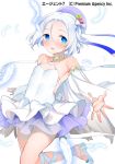  1girl :d agent_7 blue_eyes detached_sleeves donacoo dress frilled_dress frills hat looking_at_viewer official_art open_mouth original reaching short_hair simple_background smile solo white_background white_dress white_hair 