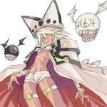  1girl beltbra blonde_hair breasts cape colored_eyelashes cowboy_shot creature dark_skin familiar fingernails guilty_gear guilty_gear_xrd hat leg_band long_hair looking_at_viewer midriff nanase_aoi navel orange_eyes parted_lips ramlethal_valentine short_shorts shorts simple_background small_breasts solo under_boob white_background 