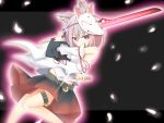  1girl animal_ears bare_shoulders black_background breasts cherry_blossoms detached_sleeves highres inubashiri_momiji looking_at_viewer mask mei_mu midriff navel red_eyes short_hair silver_hair simple_background solo sword tengu_mask touhou weapon wolf_ears 