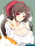  1girl batter blush breasts brown_hair cleavage cream_on_face hair_ornament hair_ribbon hairclip kantai_collection kappougi long_hair looking_at_viewer mamiya_(kantai_collection) mixing_bowl red_eyes ribbon saliva saliva_trail solo translated watanohara whisk 