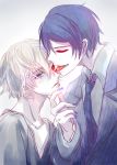  2boys black_sclera blue_eyes blue_hair formal hair_over_one_eye kaneki_ken licking multiple_boys nail_polish necktie red_eyes short_hair smile suit tokyo_ghoul tongue tongue_out tsukiyama_shuu white_hair 