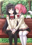  2girls akemi_homura bench black_hair blush cat closed_eyes hand_on_another&#039;s_leg headband highres incipient_kiss kaname_madoka kazenokaze kyubey long_hair mahou_shoujo_madoka_magica multiple_girls nichijou pantyhose pink_hair sakamoto school_uniform short_twintails thigh-highs twintails violet_eyes yuri 