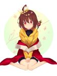  1girl ahoge bike_shorts blush brown_hair crown flat_chest hands_together hoodie linne looking_at_viewer off_shoulder red_eyes scepter short_hair sitting solo under_night_in-birth v_arms wariza yusano 