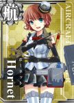  1girl airplane b-25 black_gloves blue_eyes bowtie breasts card_(medium) character_name elbow_gloves freckles gloves hat kantai_collection knife large_breasts open_mouth original redhead short_hair skirt sleeveless smile solo thigh-highs throwing_knife us_navy uss_hornet_(cv-8) vest wavy_hair weapon yumi_amin 
