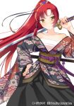  1girl agent_7 bandages bare_shoulders brown_eyes donacoo hair_ornament holding japanese_clothes katana long_hair looking_at_viewer official_art original ponytail redhead sarashi simple_background solo sword weapon white_background 