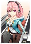  1girl black_legwear blush breasts cleavage firecel headphones large_breasts long_hair looking_at_viewer nitroplus pink_eyes pink_hair pom_pom_(clothes) smile solo super_sonico thigh-highs 