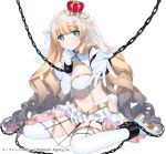  1girl agent_7 blonde_hair blue_eyes breasts chain chained donacoo frilled_skirt frills long_hair looking_at_viewer official_art original reaching simple_background sitting skirt solo veil white_background 