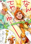  /\/\/\ 1girl ahoge armpits bike_shorts choker closed_eyes cure_sunny detached_sleeves earrings happinesscharge_precure! hino_akane_(smile_precure!) jewelry motion_blur motion_lines open_mouth orange_hair precure pururun_z smile_precure! surprised thigh-highs translation_request zettai_ryouiki 