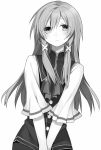 1girl hair_ornament hair_ribbon hijiri_(resetter) long_hair looking_at_viewer monochrome original ribbon simple_background solo v_arms white_background 