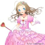  1girl :d agent_7 ahoge blue_eyes brown_hair donacoo dress frilled_dress frills gloves jewelry long_hair looking_at_viewer necklace official_art open_mouth original pink_dress simple_background smile solo tiara white_background white_gloves 
