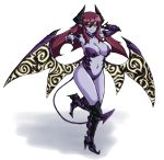  1girl black_sclera boots breasts center_opening cleavage demon_girl demon_horns demon_tail demon_wings fearless_night hell_princess high_heels horns knee_boots large_breasts long_hair low_wings paul_gq pointy_ears purple_hair purple_skin smile solo tail wings yellow_eyes 