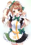  1girl :d apron arm_up black_dress bow brown_eyes brown_hair dress english green_dress hair_rings highres looking_at_viewer love_live!_school_idol_project maid_apron maid_headdress minami_kotori mogyutto_&quot;love&quot;_de_sekkin_chuu! multicolored_dress one_side_up open_mouth paragasu_(parags112) puffy_short_sleeves puffy_sleeves short_sleeves smile solo wrist_cuffs 