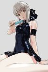  1girl 774_(nanashi) bare_shoulders barefoot black_dress blonde_hair dessert dress fate/stay_night fate/unlimited_codes fate_(series) food hair_ribbon looking_at_viewer popsicle ribbon saber saber_alter sitting sleeveless sleeveless_dress solo tongue tongue_out wariza yellow_eyes 