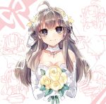  &gt;_&lt; 1girl :&gt; ahoge bouquet brown_eyes brown_hair dress flower hairband heart jewelry kantai_collection kinosaki_reisui kongou_(kantai_collection) long_hair looking_at_viewer necklace smile solo strapless_dress wedding wedding_dress 