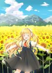  1girl air blonde_hair closed_eyes flower highres kamio_misuzu long_hair outstretched_arms school_uniform smile sunflower yui_(ntm-21) 