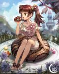  1girl brown_hair castle dawkinsia dessert doughnut eating flower food food_themed_clothes food_themed_ornament green_eyes long_hair original oversized_object sandals sitting skirt sky solo tagme twintails 