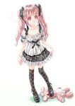  1girl dress heart highres kinoebi lolita_fashion long_hair original pink_eyes pink_hair plaid plaid_legwear shoes solo standing stuffed_toy thigh-highs twintails zettai_ryouiki 