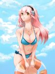  1girl alternate_eye_color bikini blue_bikini breasts cleavage headphones highres large_breasts long_hair looking_at_viewer navel nitroplus pink_hair smile solo super_sonico swimsuit yellow_eyes 