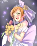  1girl :d bare_shoulders blush bouquet bust character_name choker dress earrings flower green_eyes highres hoshizora_rin jewelry love_live!_school_idol_project love_wing_bell microphone open_mouth orange_hair short_hair smile solo sparkle tears veil white_dress yu-ta 