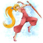  1girl :c blonde_hair blue_eyes earrings harem_pants high_ponytail hoop_earrings jewelry kara_age long_hair pants pointy_ears pointy_shoes purim seiken_densetsu seiken_densetsu_2 sleeveless solo sword vambraces very_long_hair weapon 