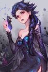  1girl 2014 braid dark_persona dated dress elsa_(frozen) eyeshadow frozen_(disney) hair_ornament highres lips makeup olaf_(frozen) purple_dress purple_hair queen red_eyes side_slit signature snowflakes snowman solo yi_lee 