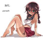  arm_support barefoot blue_eyes blush braid breasts brown_hair crop_top jpeg_artifacts kantai_collection looking_at_viewer midriff navel noshiro_(kantai_collection) school_uniform sideboob sitting tan tanline tokita_monta twin_braids 