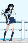  1girl black_hair black_legwear blue_eyes blush cellphone collarbone earphones f-ism female fence highres kneehighs long_hair murakami_suigun original phone school_uniform skirt smartphone solo 