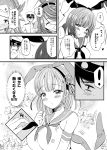  1boy 3girls ^_^ admiral_(kantai_collection) bare_shoulders blush closed_eyes cosplay haguro_(kantai_collection) hair_ornament hair_ribbon highres jun&#039;you_(kantai_collection) kantai_collection kongou_(kantai_collection) long_hair miniskirt monochrome multiple_girls neckerchief open_mouth ribbon sakurada_mei shimakaze_(kantai_collection)_(cosplay) short_hair skirt smile translation_request 