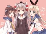  3girls amatsukaze_(kantai_collection) anchor_hair_ornament black_panties blonde_hair brown_eyes brown_hair elbow_gloves gloves green_eyes hair_ribbon hairband headgear holding_hands kantai_collection midriff multiple_girls navel open_mouth panties red_eyes ribbon shimakaze_(kantai_collection) silver_hair suzushiro_kurumi sweatdrop two_side_up underwear yukikaze_(kantai_collection) 