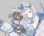  1girl animal_ears arm_warmers armband armlet bare_shoulders blue_bow blue_eyes blue_ribbon bow breasts buttons cake cat_ears choker cleavage corset crane crown cup drink fleur_de_lis flower food fork fruit fur_trim fuyuno_haruaki grey_background grey_rose hair_flower hair_ornament hair_ribbon hairband hat holding jewelry leaf long_hair mini_crown open_mouth original price_tag purple_ribbon red_rose ribbon rose silver_hair simple_background solo straw strawberry stuffed_animal stuffed_toy teddy_bear top_hat wrecking_ball 
