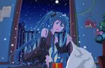  1girl aqua_eyes aqua_hair box christmas christmas_tree detached_sleeves gift gift_box hair_ornament hatsune_miku holding long_hair necktie open_mouth patisurotto pleated_skirt sitting skirt snowing solo twintails vocaloid 