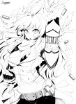  1girl ahoge artist_name belt bike_shorts breasts cleavage clenched_hand dated fingerless_gloves gloves highres huge_ahoge large_breasts lineart long_hair monochrome mound_of_venus navel open_mouth rwby shell_casing short_sleeves shorts simple_background smoke solo stormcow vest white_background yang_xiao_long 