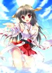  1girl :d bare_legs black_hair blush clouds frilled_skirt frills hand_on_own_chest haruna_(kantai_collection) headgear kantai_collection kneeling kneeling_on_water long_hair looking_at_viewer mikeou nontraditional_miko open_mouth outstretched_hand red_eyes ribbon-trimmed_sleeves ribbon_trim skirt sky smile solo sun water 
