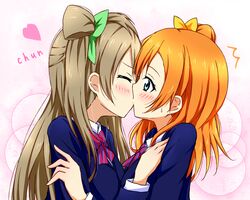  /\/\/\ blue_eyes blush brown_hair bust closed_eyes heart karamoneeze kiss kousaka_honoka long_hair love_live!_school_idol_project minami_kotori orange_hair profile school_uniform side_ponytail yuri 