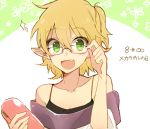  1girl adjusting_glasses alternate_costume bespectacled blonde_hair chemise collarbone fang glasses green_eyes mizuhashi_parsee off_shoulder open_mouth shirt six_(fnrptal1010) smile solo sparkle touhou 