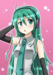  1girl ahoge alternate_hairstyle arm_up blush detached_sleeves green_eyes green_hair hair_down hand_on_headphones hatsune_miku headphones headset hidaka_toworu long_hair necktie open_mouth solo vocaloid 