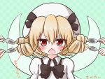  1girl blonde_hair bowtie checkered checkered_background chestnut_mouth drill_hair fork grey_background hat luna_child mofu_mofu red_eyes sweat touhou translation_request wings 